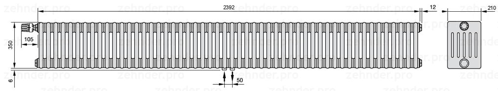 Схема (чертеж) Радиатор Zehnder Charleston 6035/52 №V007 Белый глянцевый RAL 9016